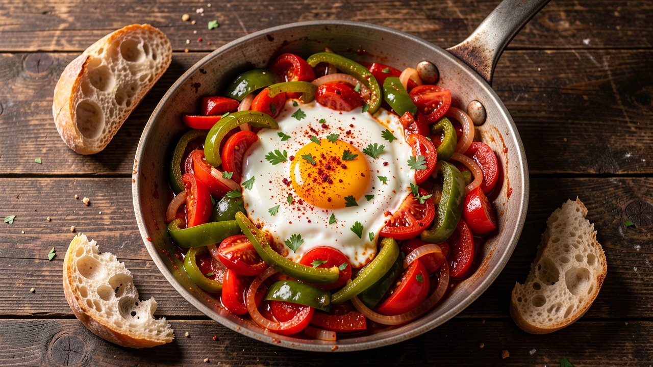 A rustic pan of Basque piperade with sweet peppers, tomatoes and soft eggs, served with crusty bread