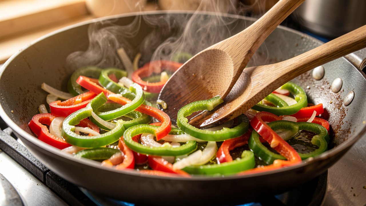 Sliced green and red peppers softening slowly with onions in a pan