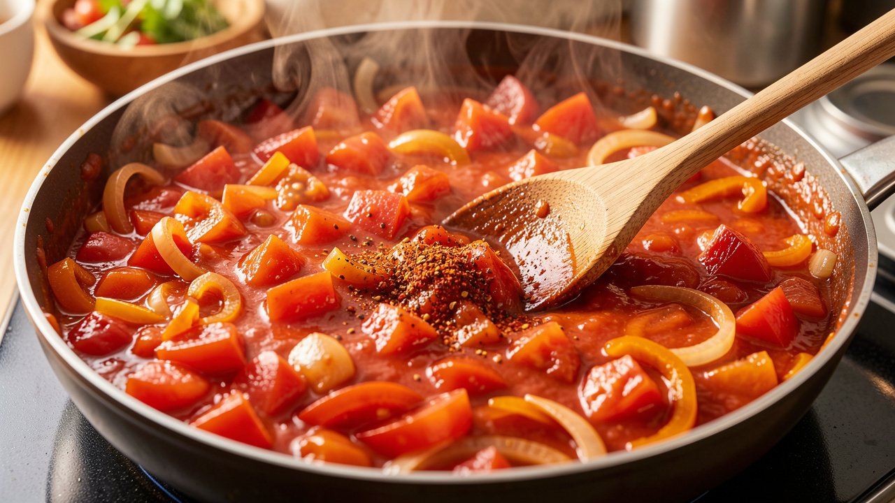 Tomatoes and peppers cooking down into a thick jammy stew in a pan