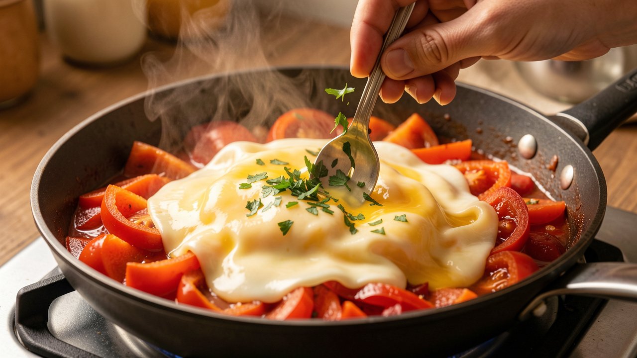 Beaten eggs stirred through the pan of soft peppers and tomatoes, finished with parsley