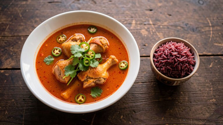 A bowl of spicy Bhutanese jasha maru chicken stew topped with green chilies and coriander, served with red rice