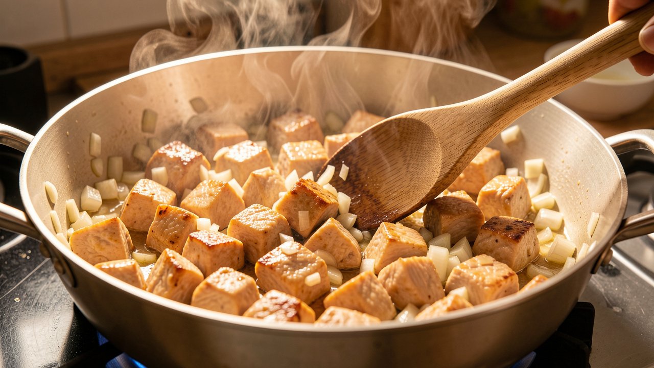 Chicken pieces searing with chopped onions in a wide pot