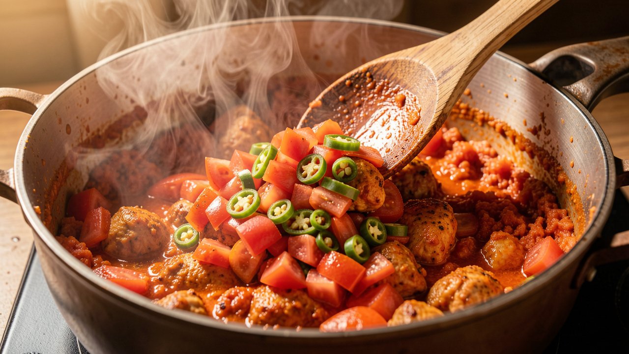 Tomatoes and green chilies melting down with spiced chicken in a pot