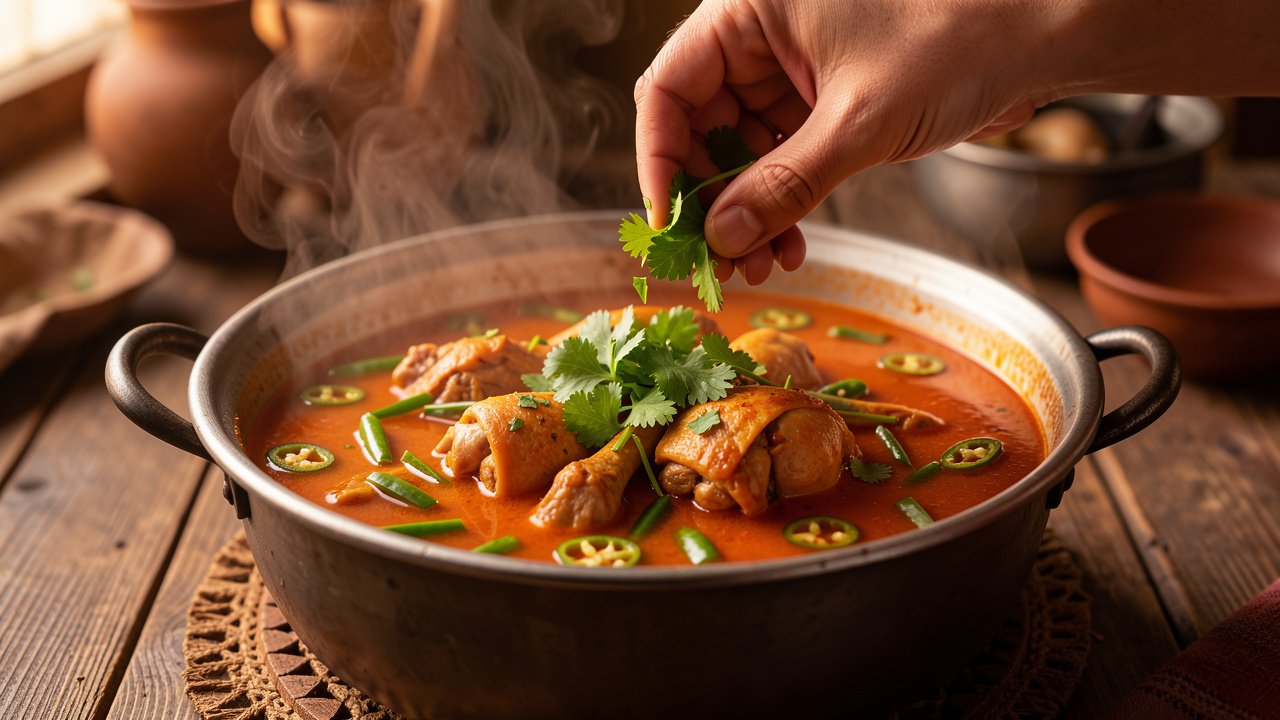 Finished jasha maru chicken stew garnished with fresh coriander in a pot