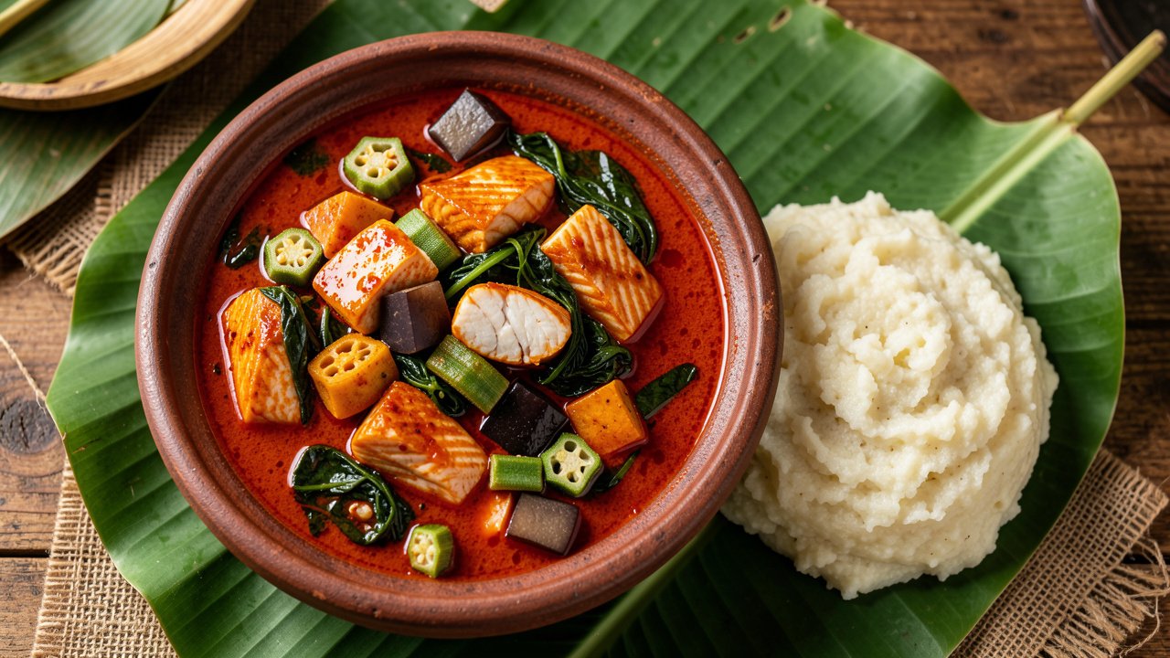 A bowl of orange-red Sao Tomean calulu fish and vegetable stew served with funge