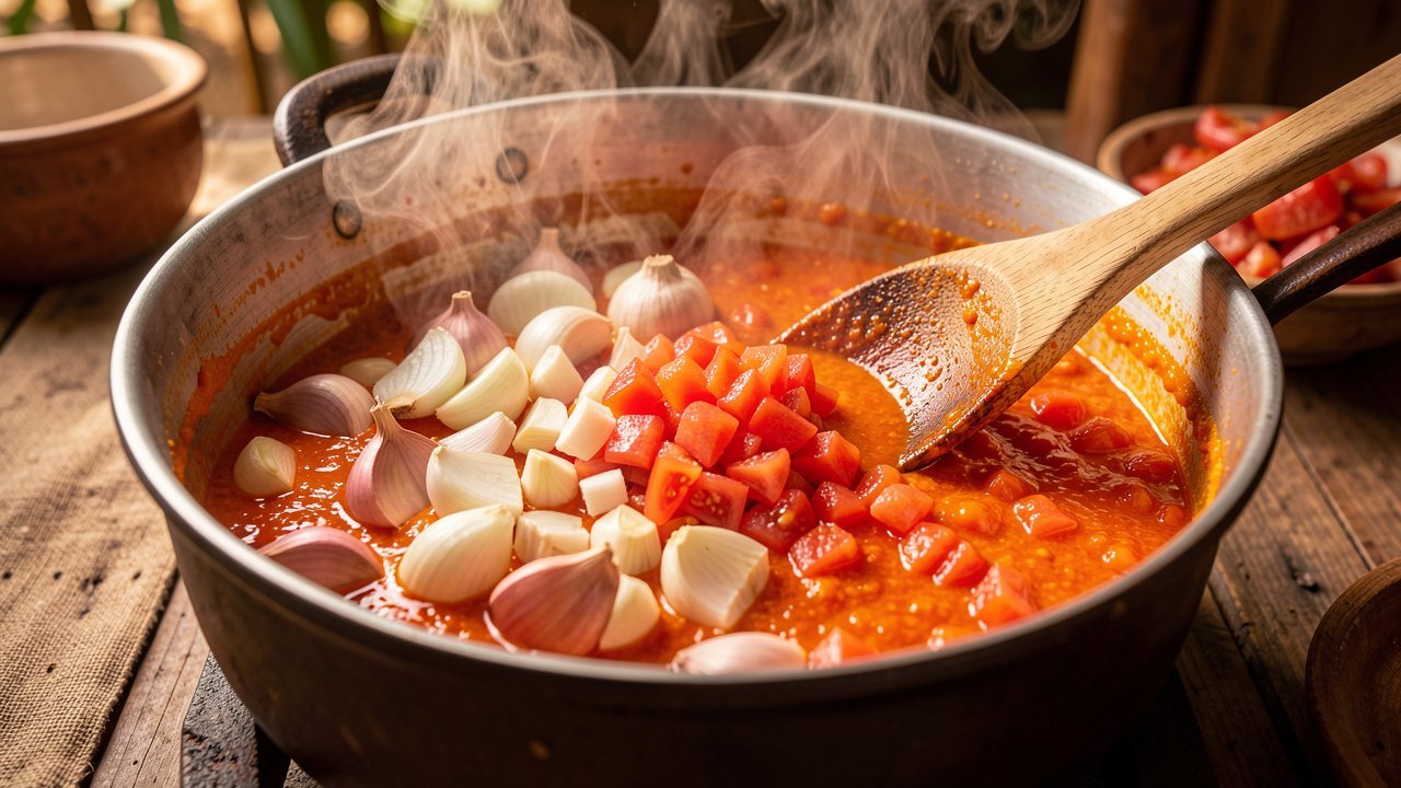 Onion, garlic, and tomatoes cooking in red palm oil to build the calulu base
