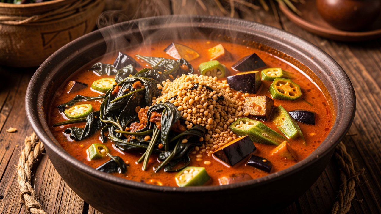 Leafy greens wilting into the orange-red calulu stew with okra and eggplant