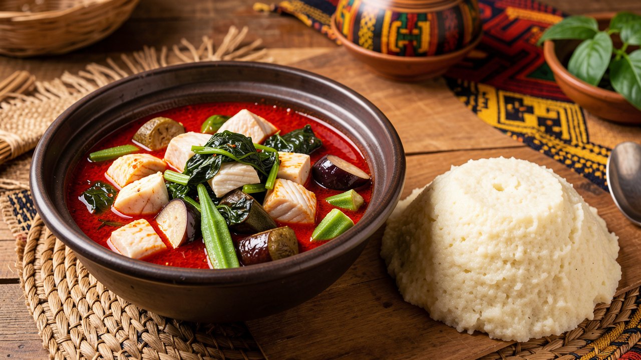 Finished calulu stew with fish, okra, and greens served with funge