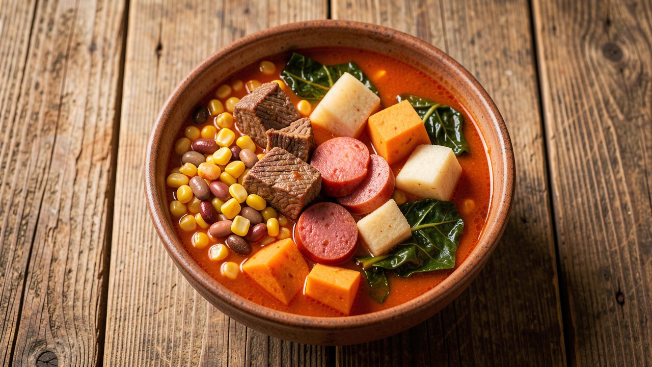 A rustic bowl of Cape Verdean cachupa with hominy corn, beans, beef, roots, and greens in a tomato broth
