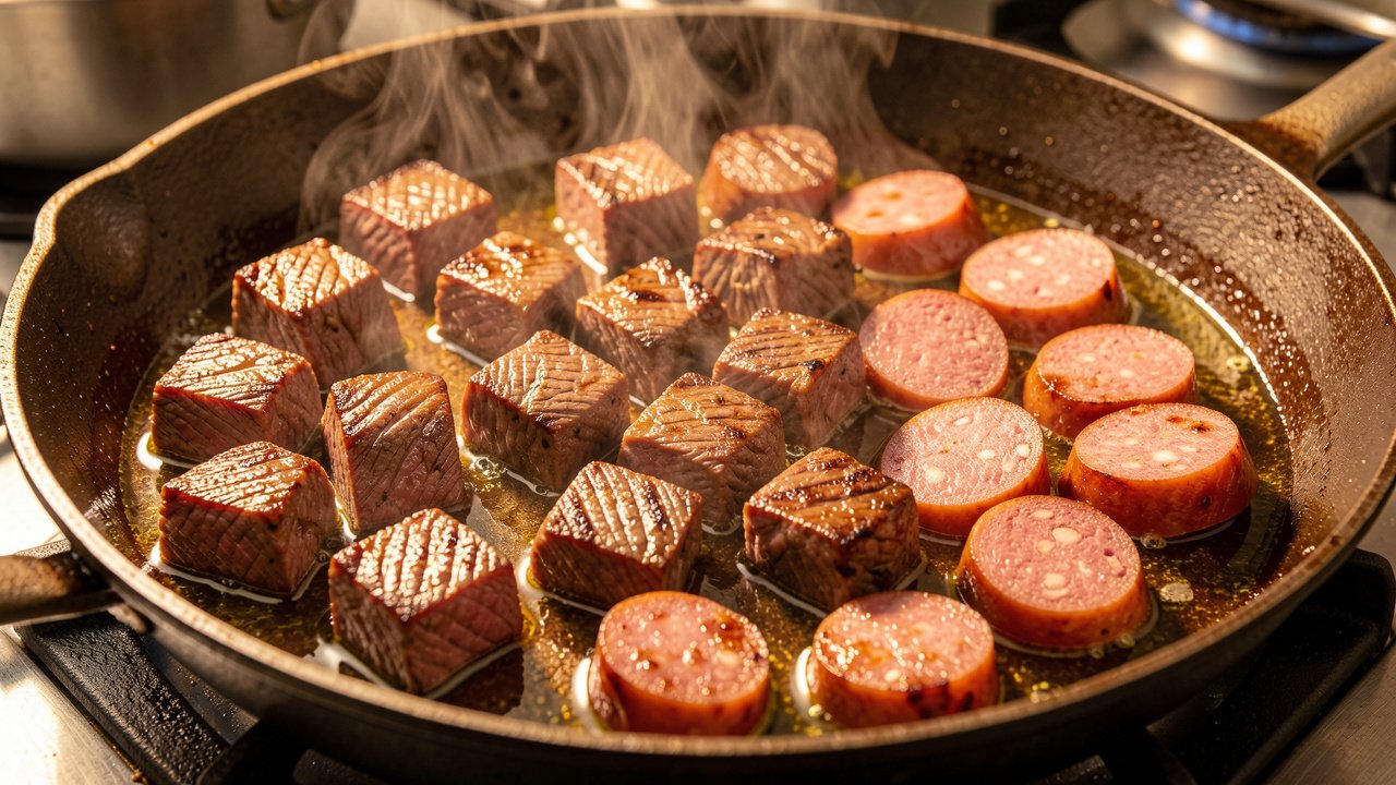Cubed beef and sliced smoked beef sausage browning in a pan