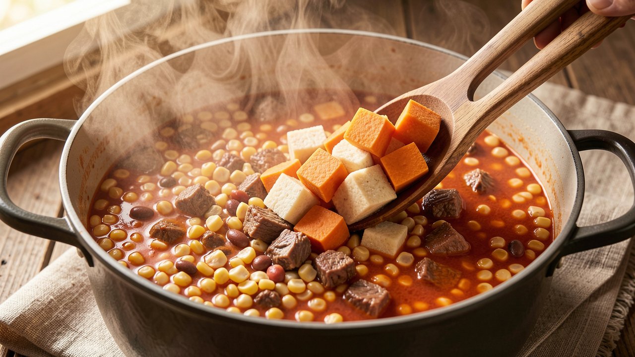 Sweet potato and cassava added to a pot of simmering corn, beans, and beef