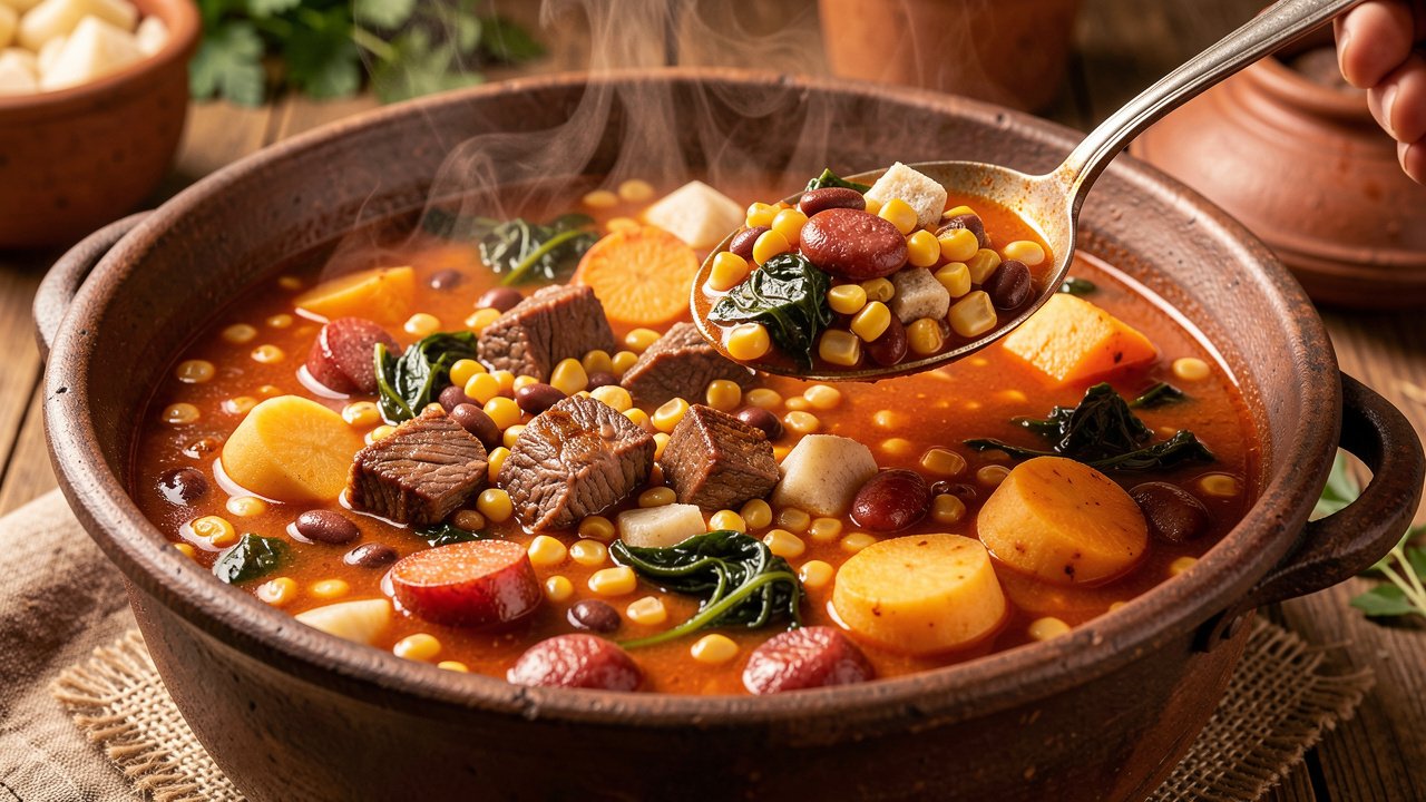 A large pot of finished cachupa with a ladle lifting a hearty serving