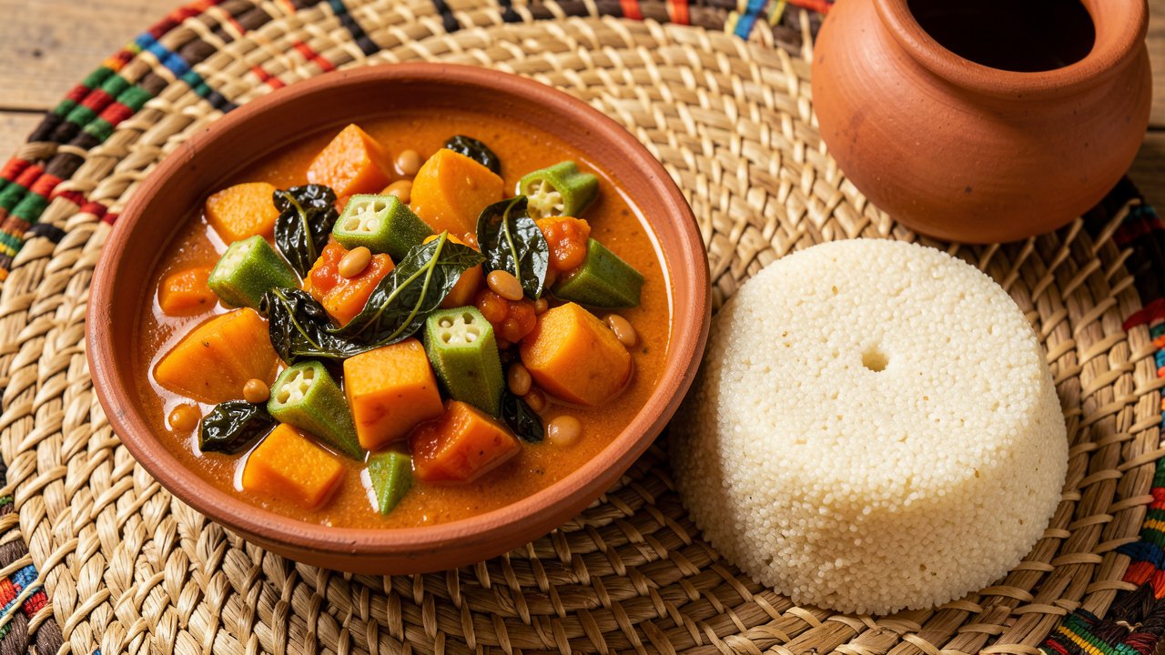 A bowl of Chadian daraba with okra, pumpkin and greens in a peanut-tomato sauce, served with millet porridge