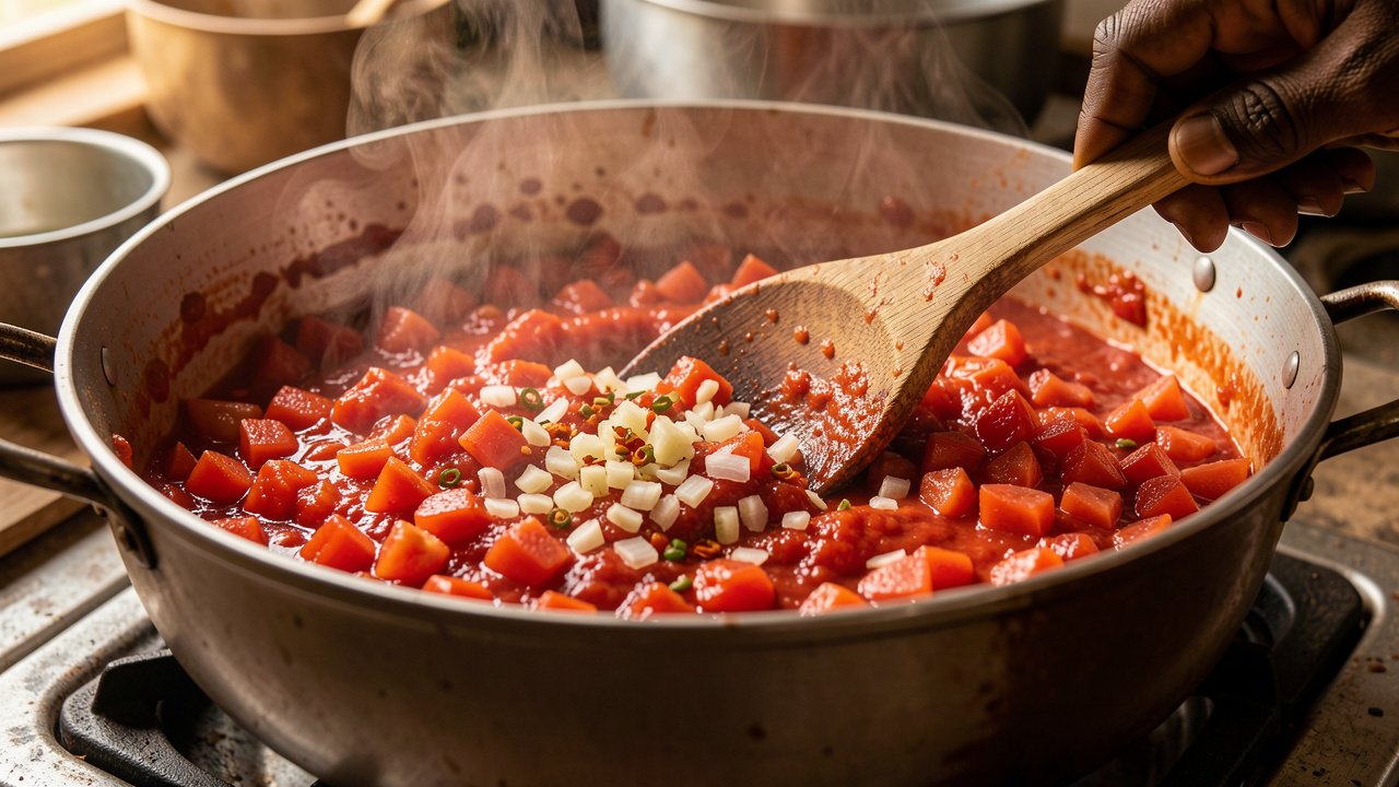 Tomatoes and tomato paste cooking down into a jammy base for daraba