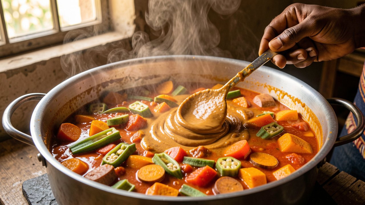 Peanut butter stirred into a pot of daraba with okra and pumpkin