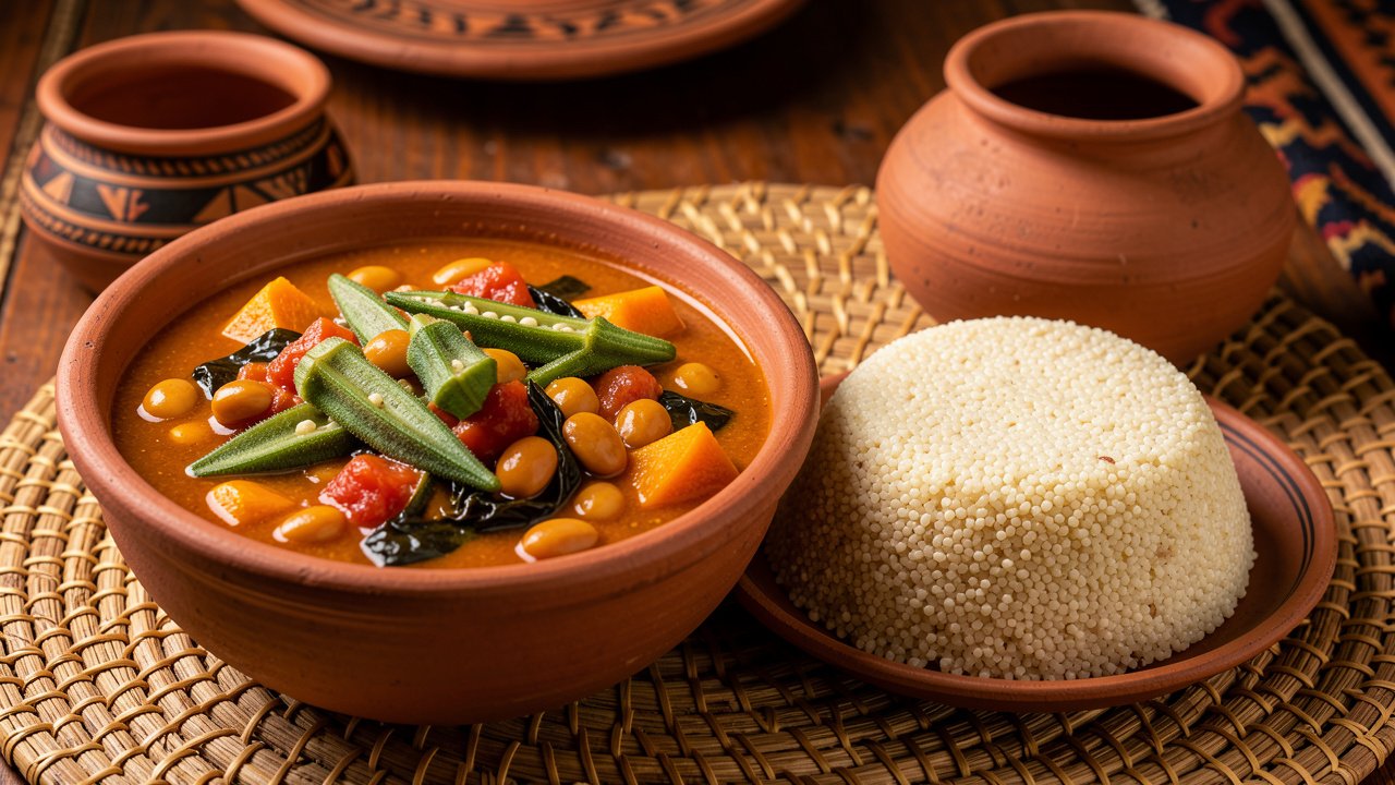 Finished daraba served with a mound of millet boule