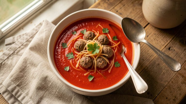 A bowl of smooth Dutch tomato soup with tiny halal beef meatballs and vermicelli, garnished with parsley