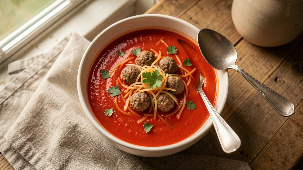 A bowl of smooth Dutch tomato soup with tiny halal beef meatballs and vermicelli, garnished with parsley