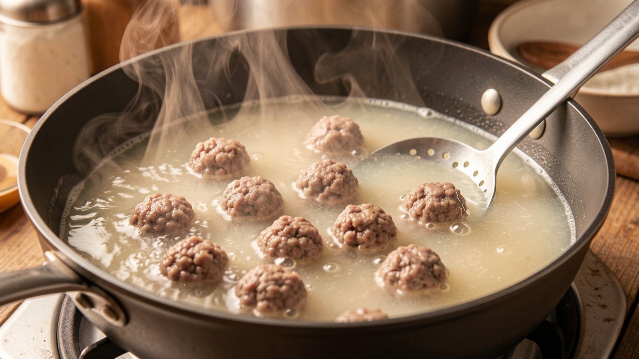 Tiny halal beef meatballs poaching in gently simmering broth