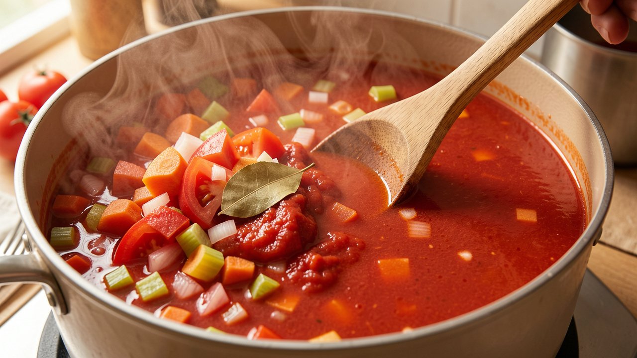 Tomatoes and vegetables simmering with a bay leaf in a pot of red soup