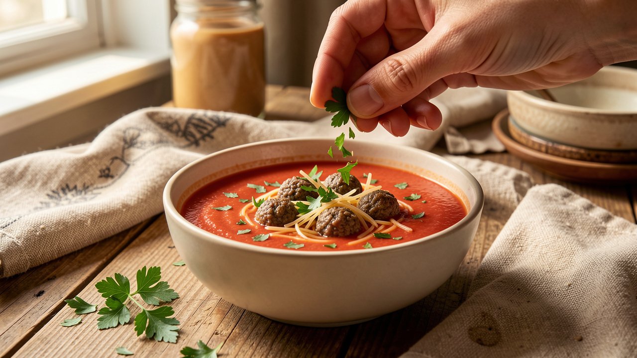 Finished Dutch tomato soup with meatballs and vermicelli being garnished with parsley