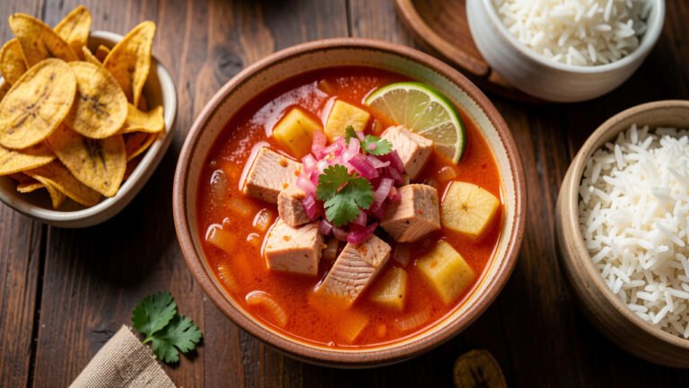 A bowl of Ecuadorian encebollado with tuna, yuca, curtido, lime, and plantain chips