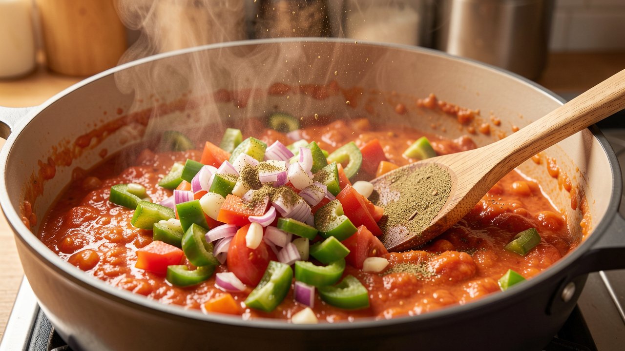 Onion, pepper, garlic, and tomato cooking into a soft refrito base