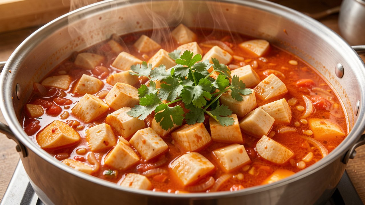 Yuca chunks simmering in a tomato and onion broth