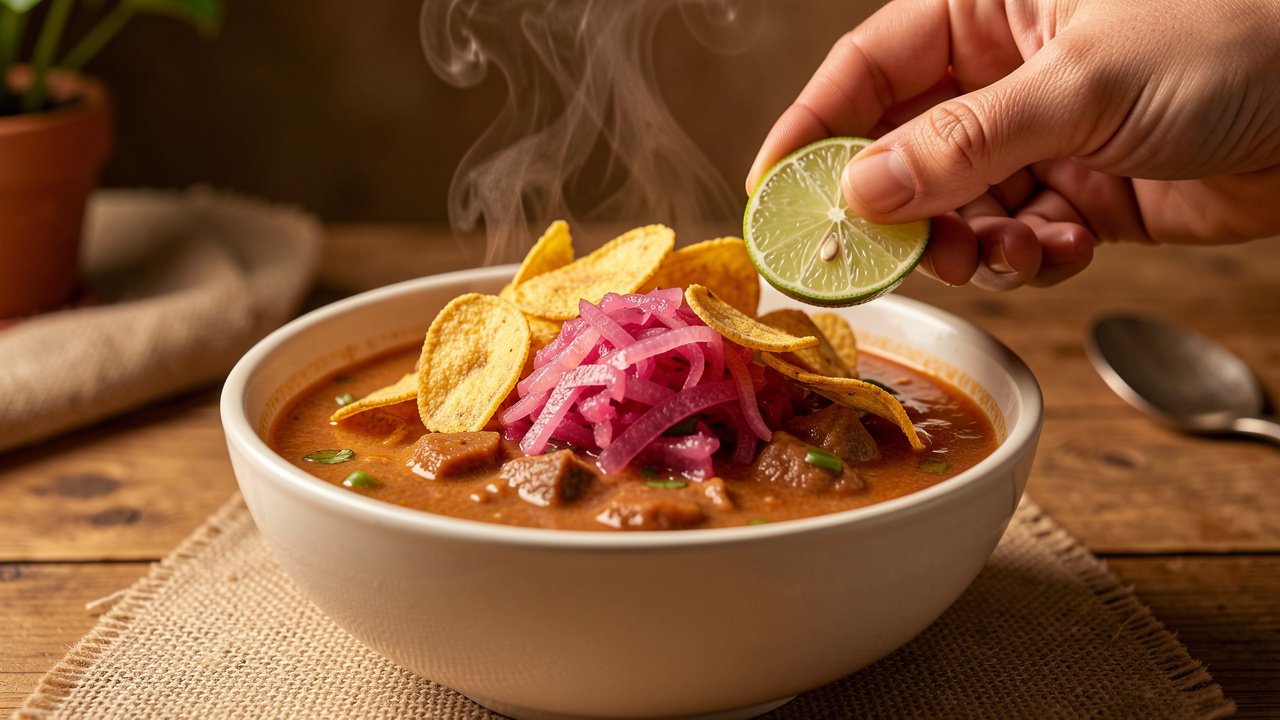 Encebollado topped with curtido and plantain chips, with a lime wedge