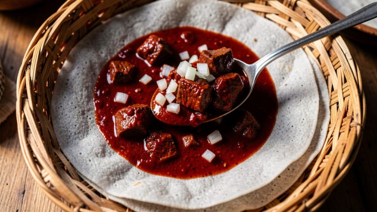 Deep red Eritrean zigni beef stew served over injera in a woven mesob