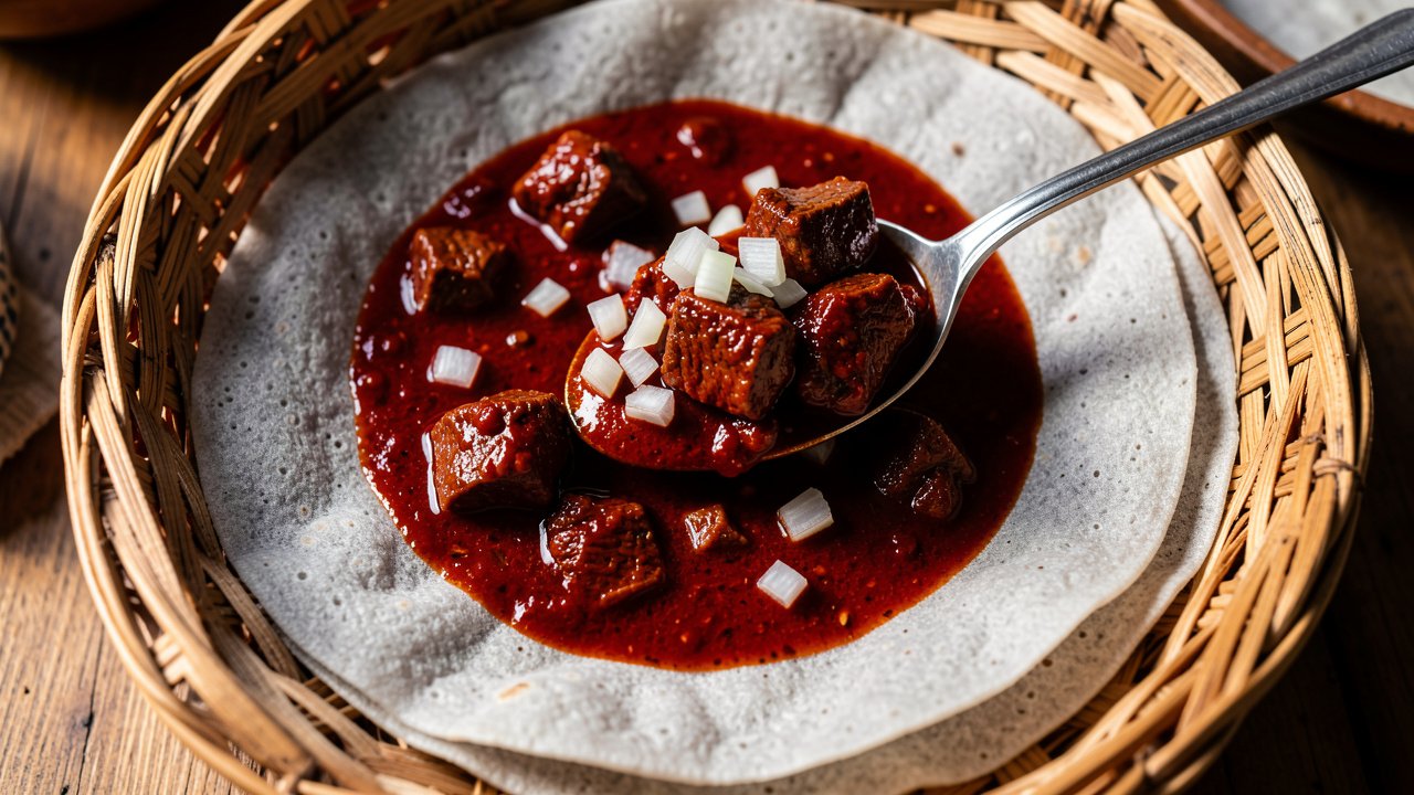 Deep red Eritrean zigni beef stew served over injera in a woven mesob