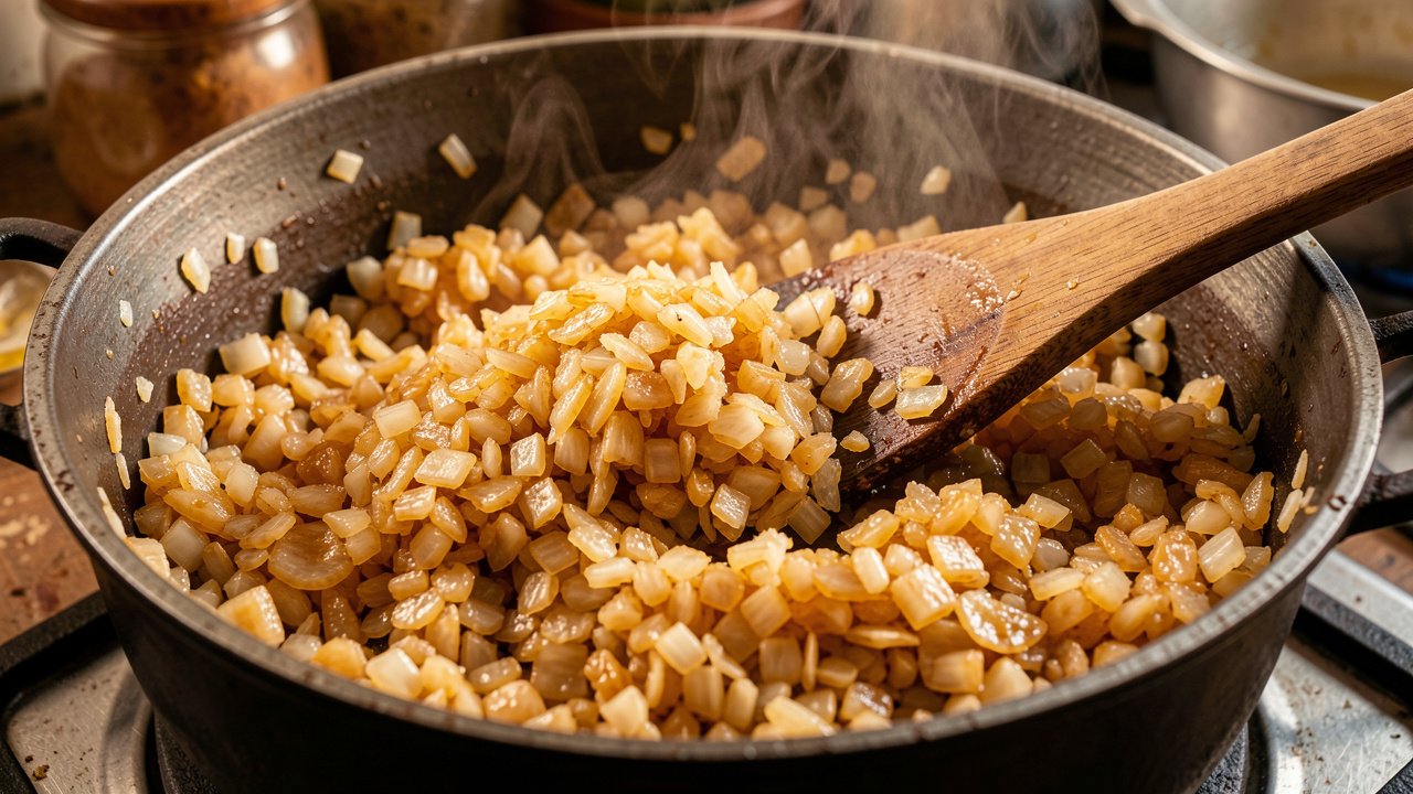 Finely diced onions cooking down dry in a heavy pot until soft and golden