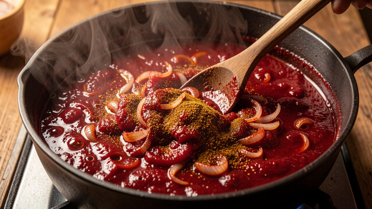 Berbere and tomato paste blooming into a deep red glossy sauce in a pot