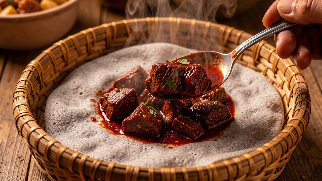 Finished zigni beef stew spooned over injera in a woven mesob