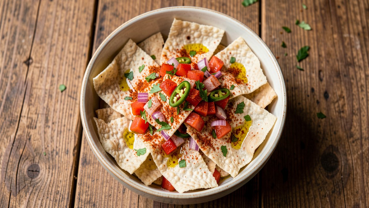 A bowl of Ethiopian timatim fitfit with torn injera, diced tomato, red onion, and green chili
