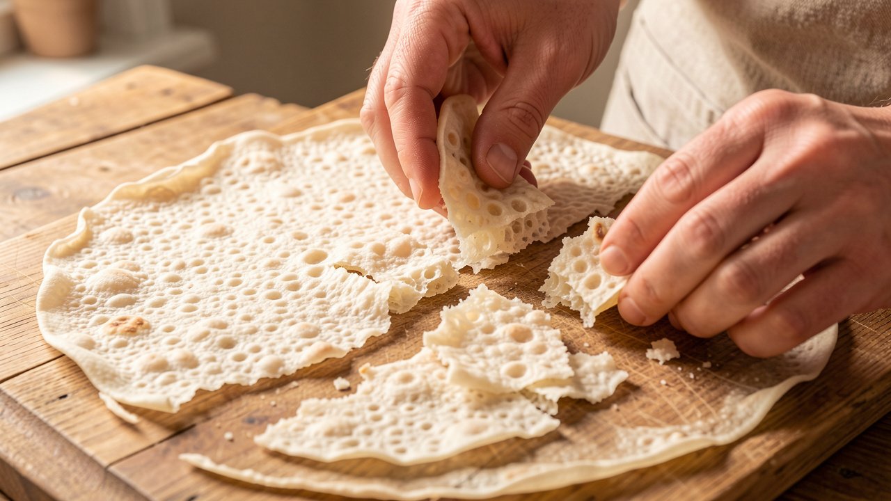 Hands tearing injera into bite-size pieces over a board