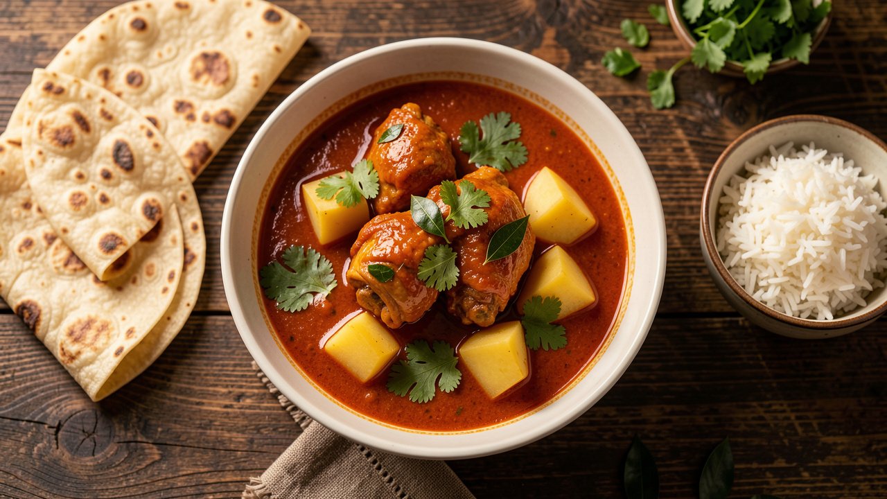A bowl of Fijian chicken curry with potato in a rich tomato masala, served with roti and rice