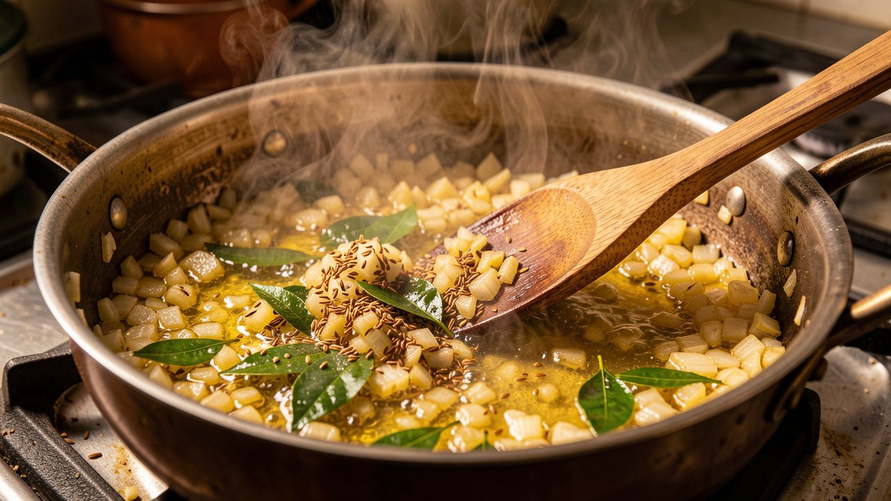 Onions frying to deep gold with cumin seeds and curry leaves in a pot