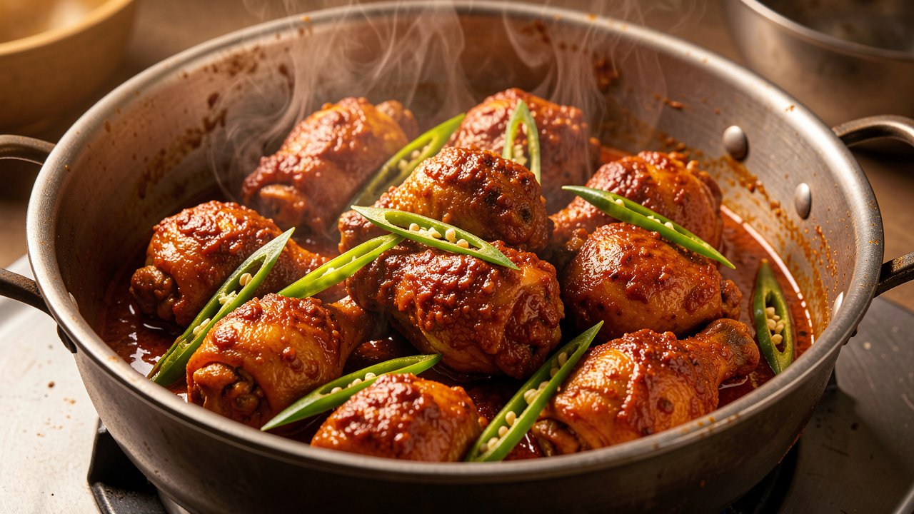 Chicken pieces searing in thick tomato curry masala with green chilies