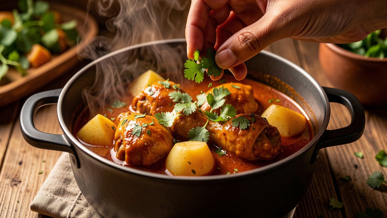 Finished Fijian chicken curry garnished with fresh cilantro in a pot