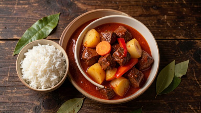 A bowl of Filipino beef mechado with potato and carrot in tomato sauce, served with steamed rice