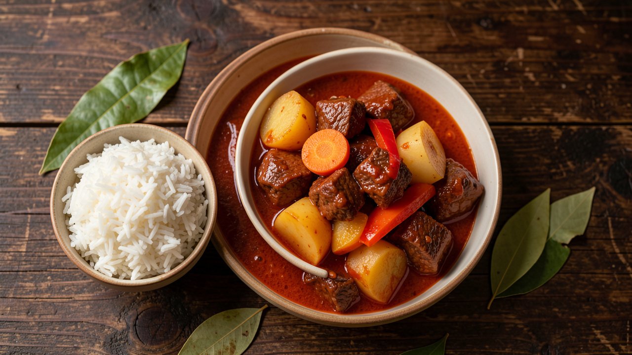 A bowl of Filipino beef mechado with potato and carrot in tomato sauce, served with steamed rice