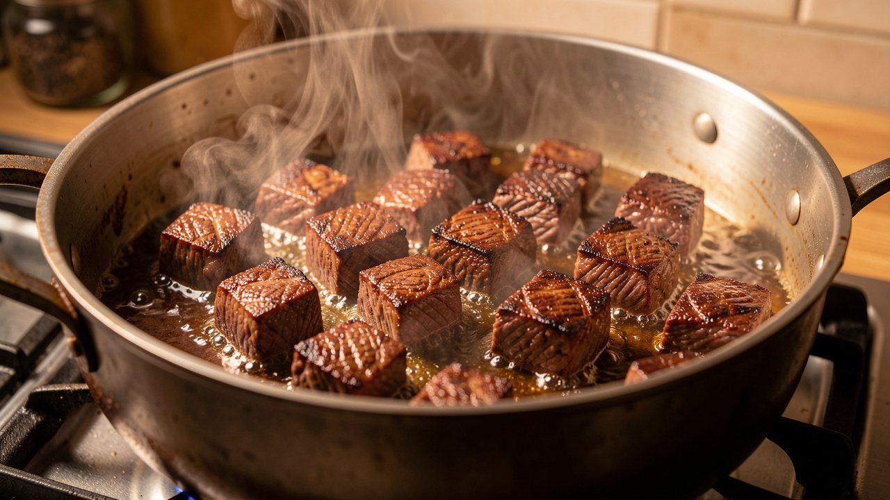 Beef cubes searing to a deep brown crust in a heavy pot