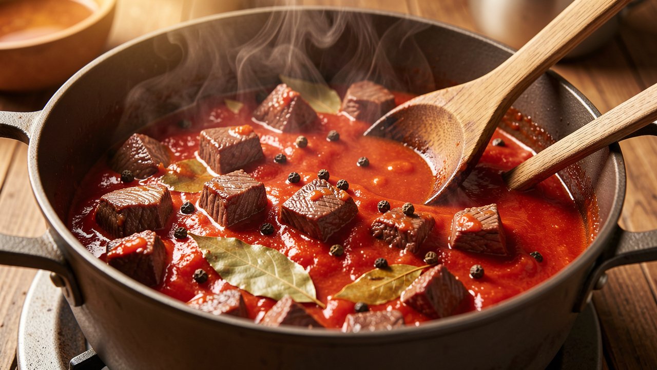 Beef braising in a red tomato sauce with bay leaves at a gentle simmer