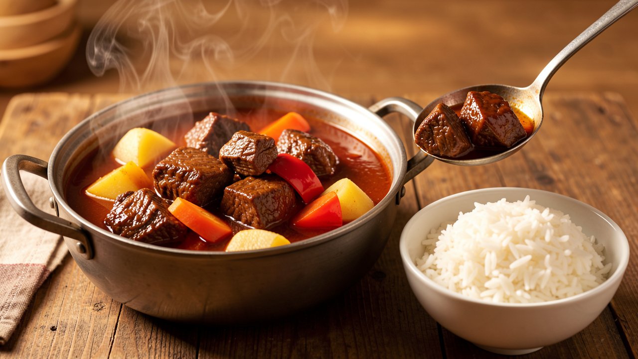 Finished Filipino beef mechado with potato, carrot, and bell pepper in a glossy tomato sauce