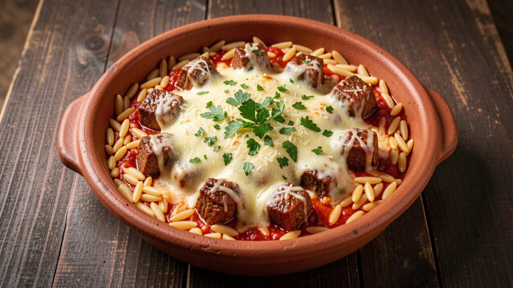 A baking dish of Greek youvetsi with braised beef, orzo in cinnamon-tomato sauce, topped with grated cheese and parsley