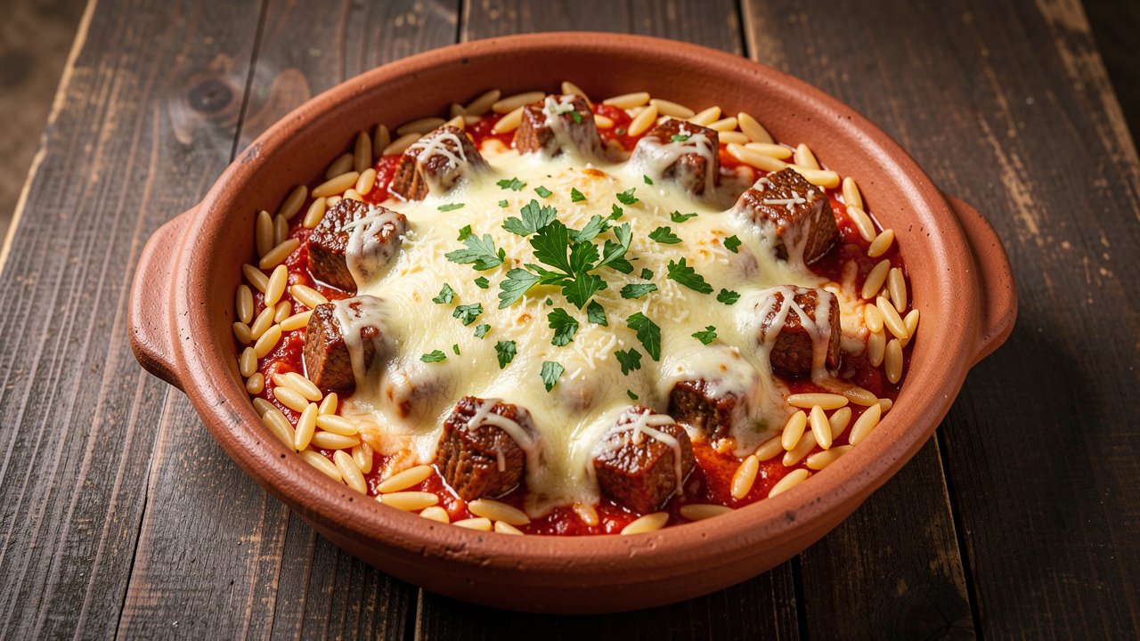 A baking dish of Greek youvetsi with braised beef, orzo in cinnamon-tomato sauce, topped with grated cheese and parsley