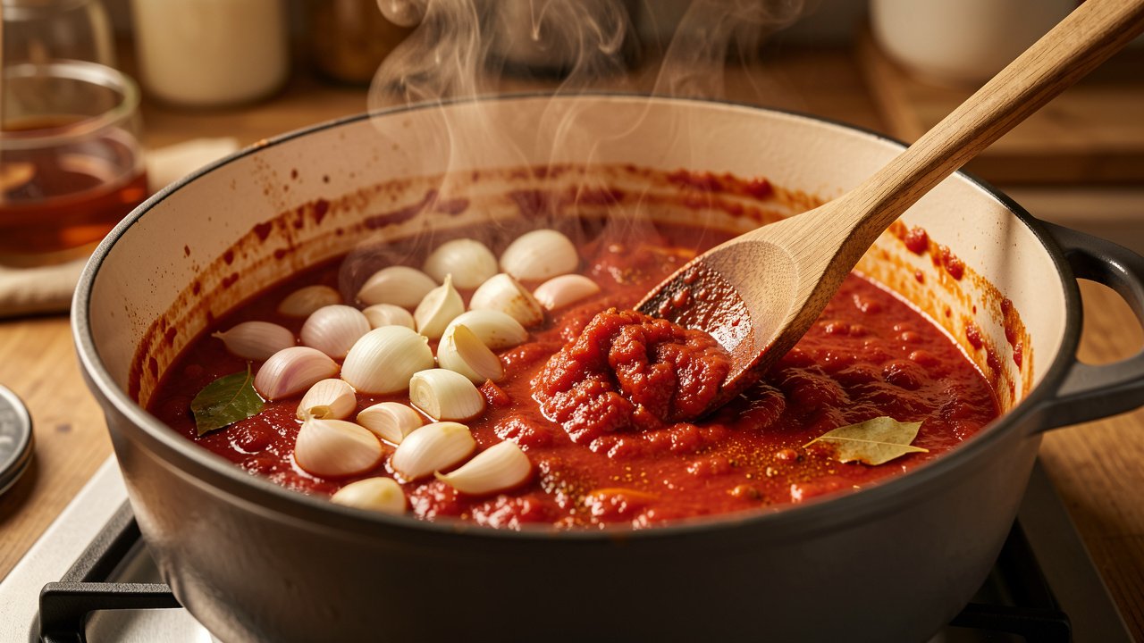 A deep red cinnamon-spiced tomato sauce building in a Dutch oven with a wooden spoon