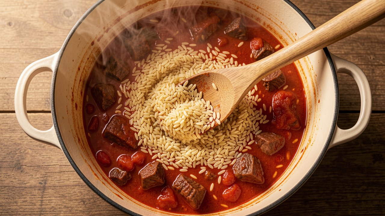 Raw orzo being stirred into braised beef and cinnamon-tomato sauce in a pot