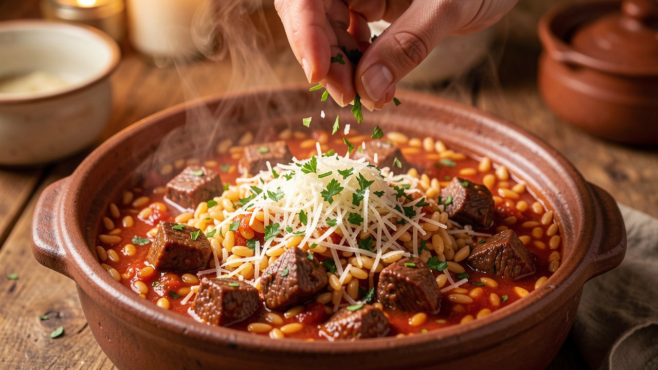 Finished youvetsi topped with grated cheese and parsley, plump orzo and tender beef in tomato sauce